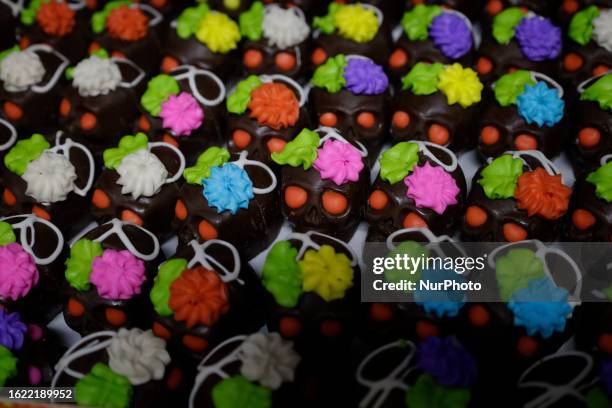 View of calaveritas de chocolate where suppliers of bakery and pastry tools offer their products during the Expo Pan at the World Trade Center in...