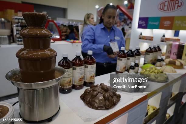 Sample of a chocolate fountain where suppliers of bakery and pastry tools offer their products during the Expo Pan at the World Trade Center in...
