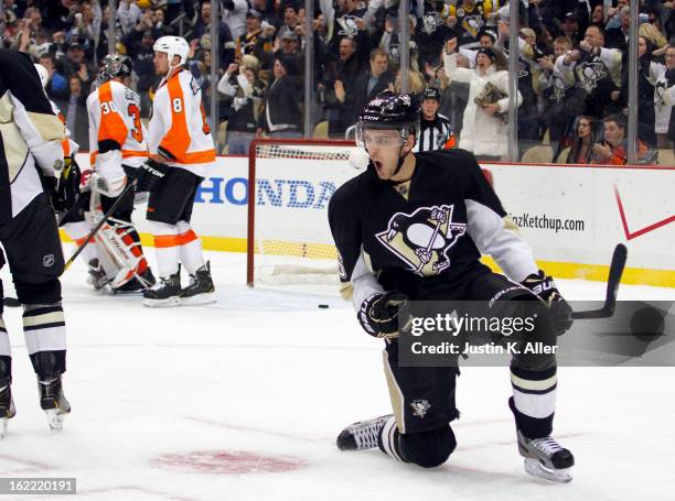 Brandon Sutter of the Pittsburgh Penguins celebrates the game-tying goal in the third period against the Philadelphia Flyers during the game at...