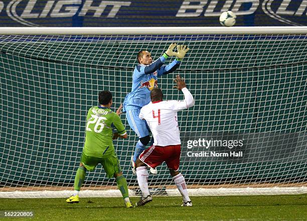 Luis Robles of the New York Red Bulls makes a save against the Seattle Sounders at Kino Sports Complex on February 20, 2013 in Tucson, Arizona.