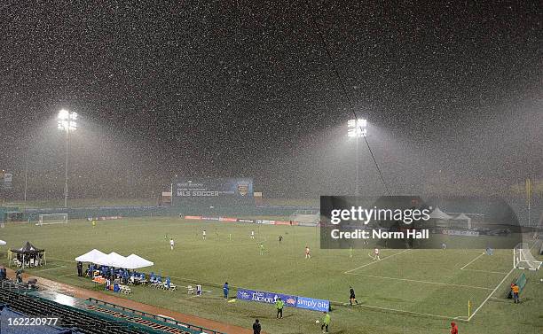 Heavy snow falls during a game between the New York Red Bulls and the Seattle Sounders at Kino Sports Complex on February 20, 2013 in Tucson, Arizona.