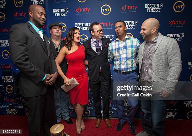 Myles Lawton, Robert "Twitch" Twitchell, Jenn Penton, Donnie Wahlberg, Diamantino Araujo and Manny Canuto attend TNT's "Boston's Finest" premiere...