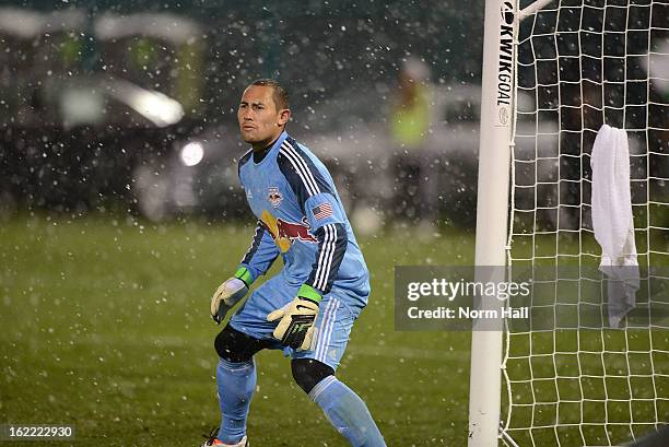 Luis Robles of the New York Red Bulls gets ready to make a save against the Seattle Sounders at Kino Sports Complex on February 20, 2013 in Tucson,...