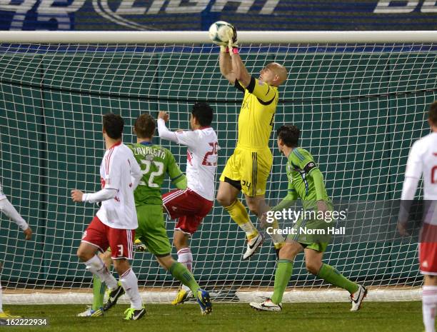 Marcus Hahnemann of the Seattle Sounders makes a leaping save against the New York Red Bulls at Kino Sports Complex on February 20, 2013 in Tucson,...