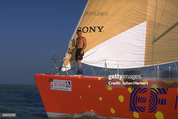 Bowman Curtis Blewett of Whitbread 60 EF Language prepares to call the start of the Fastnet race from Cowes to Plymouth off the coast of Cowes on the...