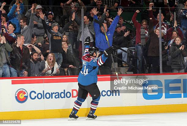 David Jones of the Colorado Avalanche celebrates the game-winning goal in overtime against the St. Louis Blues at the Pepsi Center on February 20,...