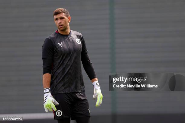 In this image released on August 18, 2023 Emi Martinez of Aston Villa in action during a training session at Bodymoor Heath training ground on August...