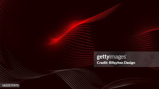ilustraciones, imágenes clip art, dibujos animados e iconos de stock de antecedentes modernos de tecnología de datos futuristas. onda digital abstracta de partículas punteadas línea sobre fondo rojo oscuro. - fondo rojo