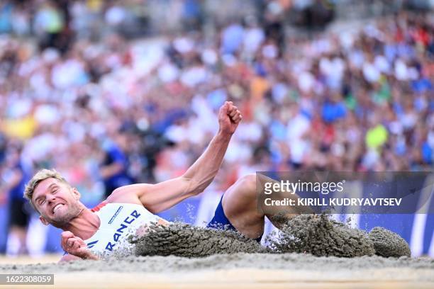 France's Kevin Mayer competes in the men's decathlon long jump during the World Athletics Championships at the National Athletics Centre in Budapest...