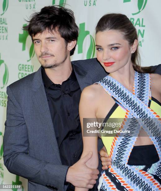 Actor Orlando Bloom and model Miranda Kerr arrive at Global Green USA's 10th Annual Pre-Oscar party at Avalon on February 20, 2013 in Hollywood,...