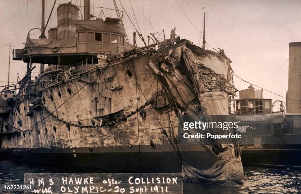 Damage to the British warship HMS Hawke after its collision with the RMS Olympic off the Isle of Wight on 20th September 1911.