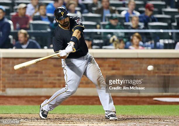 Rod Barajas of the Pittsburgh Pirates in action against the New York Mets at Citi Field on September 25, 2012 in the Flushing neighborhood of the...