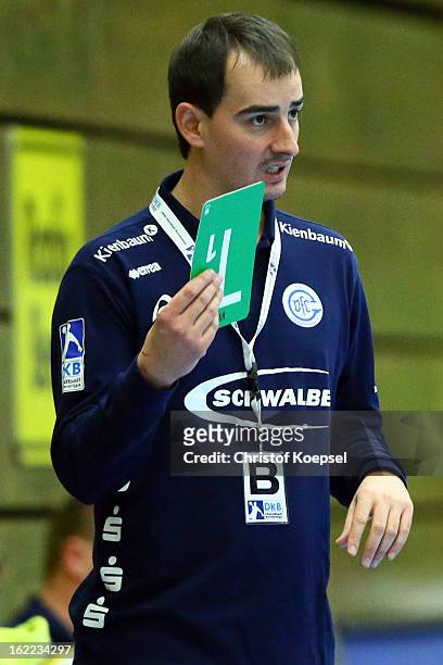 Head coach Emir Kurtagic of Gummersbach looks on prior to the DKB Handball Bundesliga match between VfL Gummersbach and FrischAuf Goeppingen at...