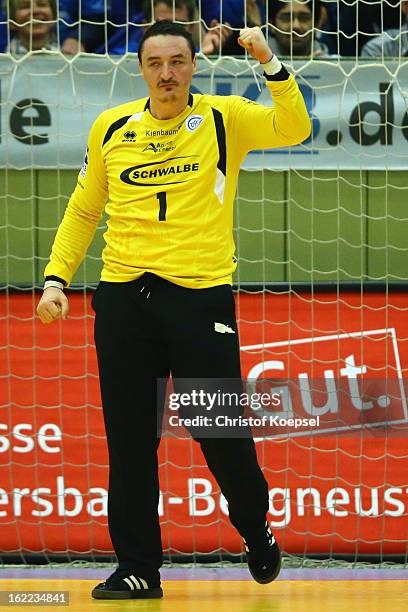 Borko Ristovski of Gummersbach celebrates during the DKB Handball Bundesliga match between VfL Gummersbach and FrischAuf Goeppingen at...