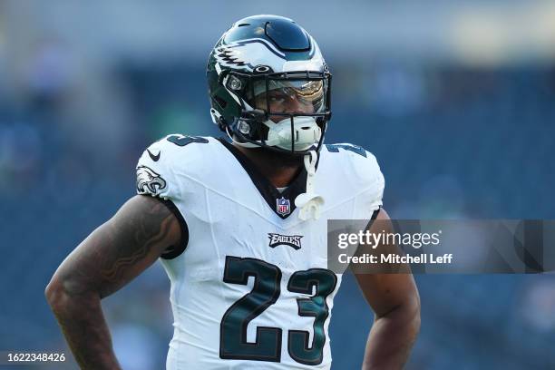 Rashaad Penny of the Philadelphia Eagles looks on against the Cleveland Browns during the preseason game at Lincoln Financial Field on August 17,...