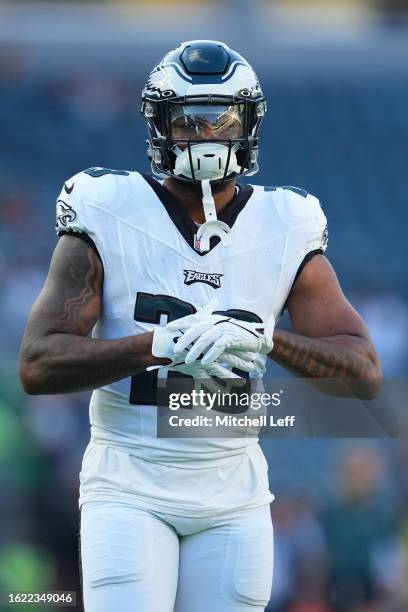 Rashaad Penny of the Philadelphia Eagles looks on against the Cleveland Browns during the preseason game at Lincoln Financial Field on August 17,...