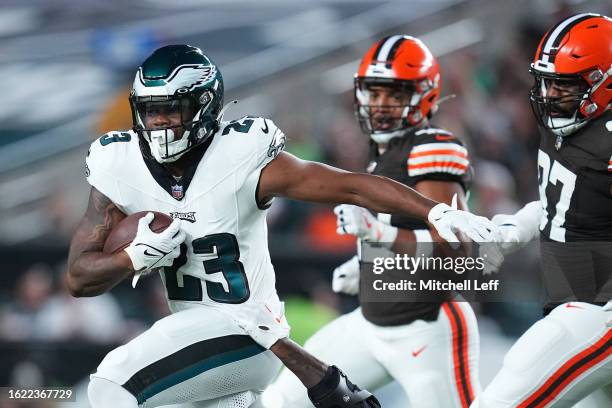 Rashaad Penny of the Philadelphia Eagles runs the ball against the Cleveland Browns during the preseason game at Lincoln Financial Field on August...