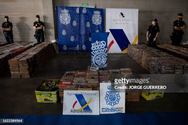 Packages of cocaine totalizing 9,436 kilos, that were found hidden in a container from Ecuador, are seen during a police press conference at the port...