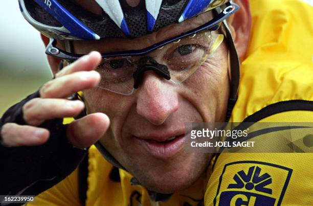 Picture taken 08 July 2004 of US Lance Armstrong during the fifth stage of the 91st Tour de France cycling race between Amiens and Chartres. Six-time...