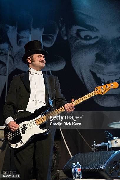 Bassist Mattias Bernvall aka Dr. Matt Destruction of The Hives performs in concert at Emo's East on February 20, 2013 in Austin, Texas.