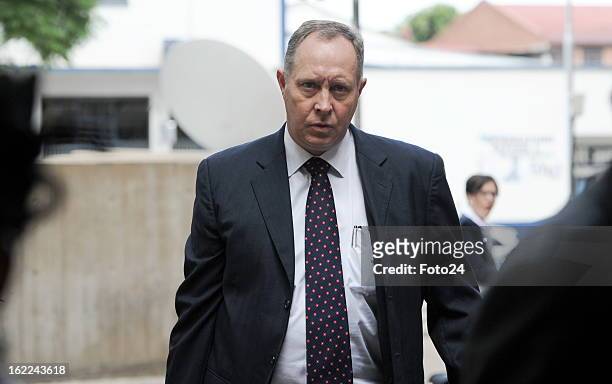Member of Oscar Pistorius's legal team, Advocate Kenny Oldwage, arrives at the Pretoria Magistrate Court on February 21, 2013 in Pretoria, South...