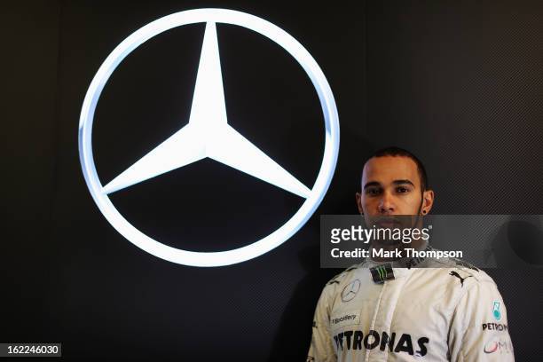 Lewis Hamilton of Great Britain and Mercedes GP poses for a portrait during day three of Formula One winter test at the Circuit de Catalunya on...
