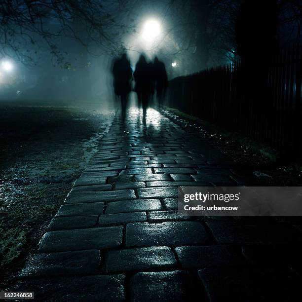 dark foggy sidewalk - kassei stockfoto's en -beelden