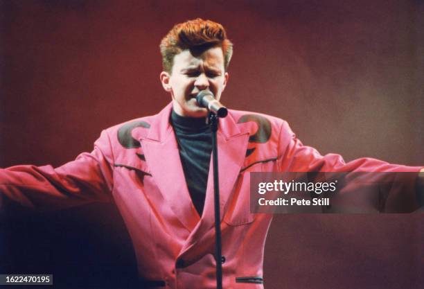 English singer Rick Astley performs on stage at Wembley Arena on December 15th, 1988 in London, England.