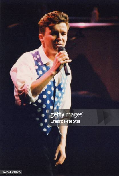 English singer Rick Astley performs on stage at Wembley Arena on December 15th, 1988 in London, England.