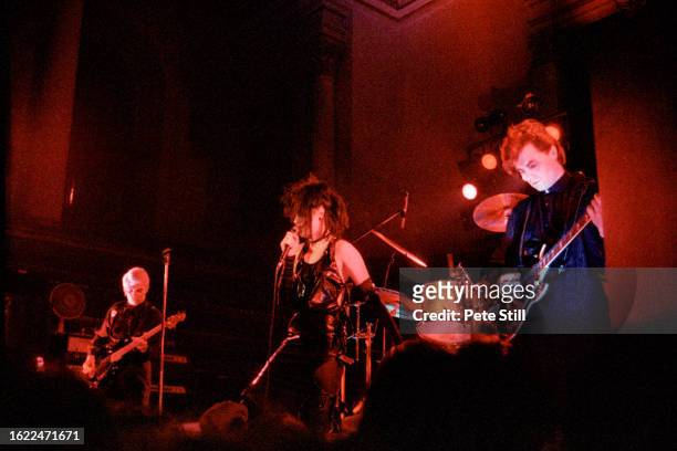 Steve Severin, Siouxsie Sioux and John Valentine Carruthers of Siouxsie and The Banshees perform on stage at St James's Church, Piccadilly, on April...