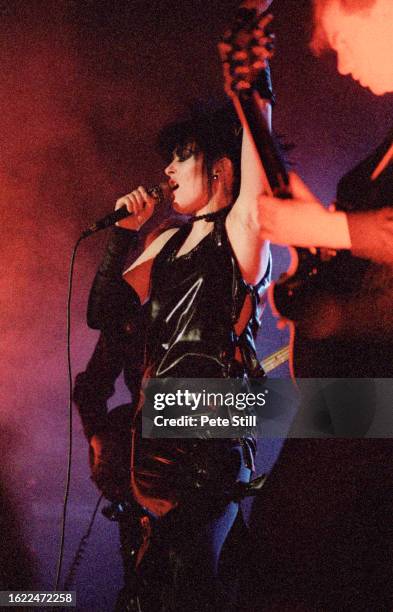 Siouxsie Sioux of Siouxsie and The Banshees performs on stage at St James's Church, Piccadilly, on April 10th, 1985 in London, England.