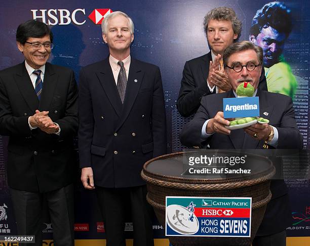 Brian Stevenson, President of the Hong Kong Rugby Football Union selects a team during the Cathay Pacific/HSBC Hong Kong Sevens 2013 Official Draw...