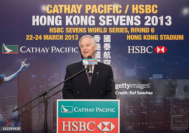 John Slosar, Chief Executive of Cathay Pacific Airways, speaks during the Cathay Pacific/HSBC Hong Kong Sevens 2013 Official Draw held at Hysan...