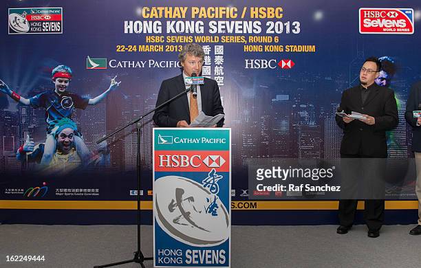 Gordon French, Head of Global Markets Asia of HSBC, speaks during the Cathay Pacific/HSBC Hong Kong Sevens 2013 Official Draw held at Hysan Place, on...