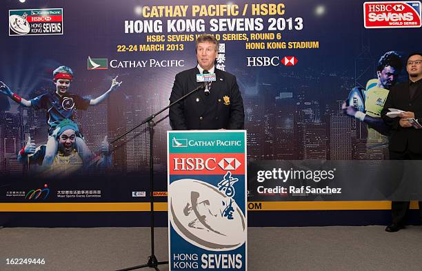 Grant Jamieson, Director of Finance of the HKRFU speaks during the Cathay Pacific/HSBC Hong Kong Sevens 2013 Official Draw held at Hysan Place, on...