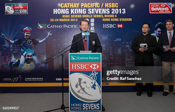 Rod Mason, Tournament Operations Director, speaks during the Cathay Pacific/HSBC Hong Kong Sevens 2013 Official Draw held at Hysan Place, on February...