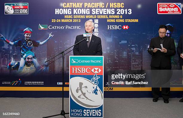 John Slosar, Chief Executive of Cathay Pacific Airways, speaks during the Cathay Pacific/HSBC Hong Kong Sevens 2013 Official Draw held at Hysan...
