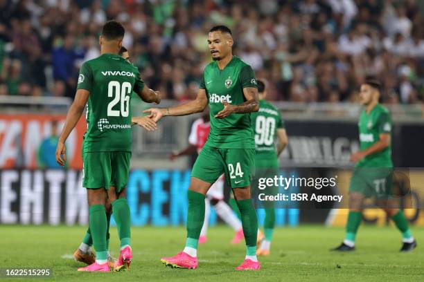 Olivier Verdon of Ludogorets scores his sides first goal during the UEFA Europa League Play-offs First Leg Match between Ludogorets and AFC Ajax at...