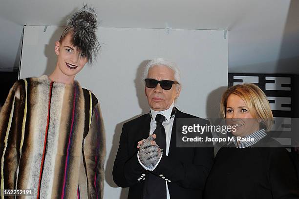 Karl Lagerfeld , Silvia Venturini Fendi and a model attend the Fendi fashion show as part of Milan Fashion Week Womenswear Fall/Winter 2013/14 on...