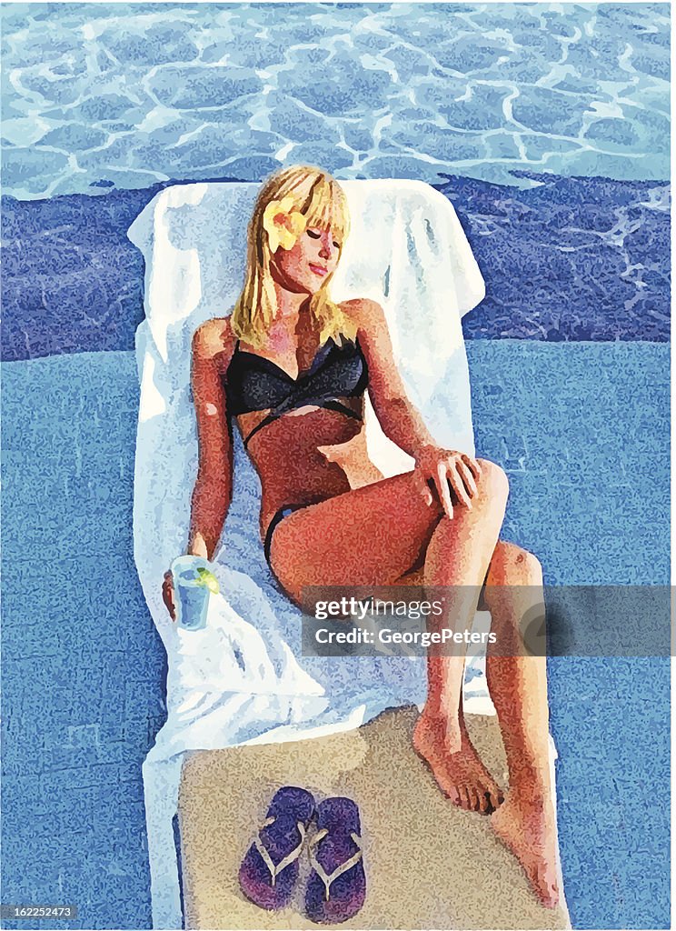 Young Woman Sunbathing In Resort Pool