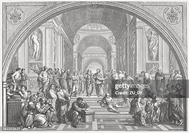 the school of athens (vatican) by raffael, published in 1873 - greek philosopher stock illustrations