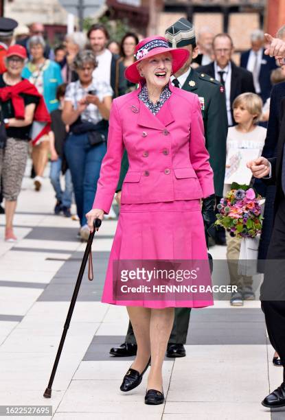 Queen Margrethe II of Denmark is pictured as she opens the Museum for Danish Magazine Drawing in Den Gamle By in Aarhus, Denmark, on August 25, 2023....