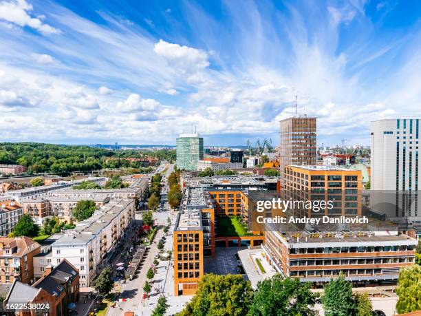 cityscape of gdansk centre with modern and old buildings, view from above. - pomorskie province stock pictures, royalty-free photos & images