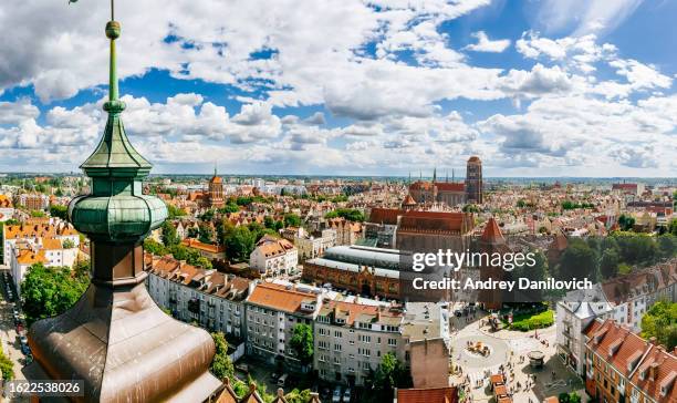 panoramic view of st. mary’s church and cityscape of gdansk old town from above. - pomorskie province stock pictures, royalty-free photos & images
