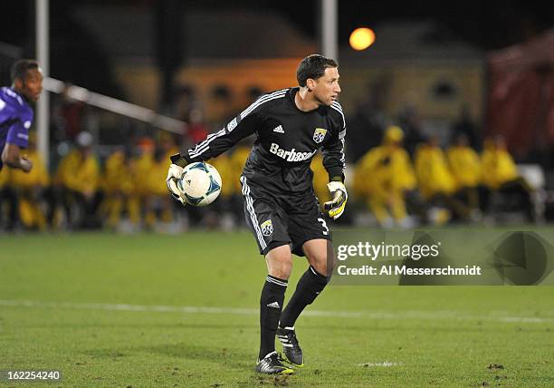 Goalie Andy Gruenebaum of the Columbus Crew passes against Orlando City February 16, 2013 in the third round of the Disney Pro Soccer Classic in...