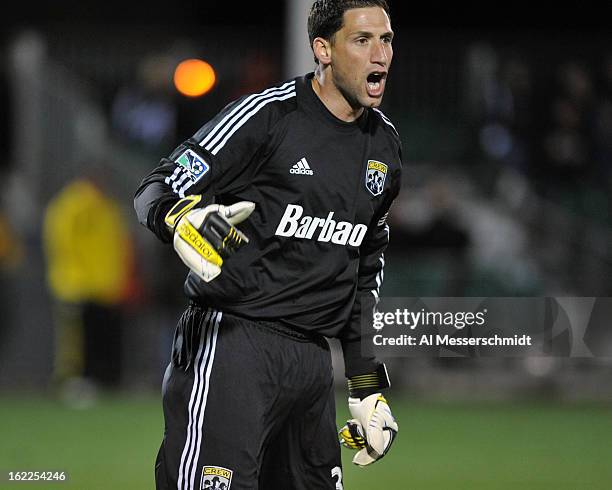 Goalie Andy Gruenebaum of the Columbus Crew directs play against Orlando City February 16, 2013 in the third round of the Disney Pro Soccer Classic...