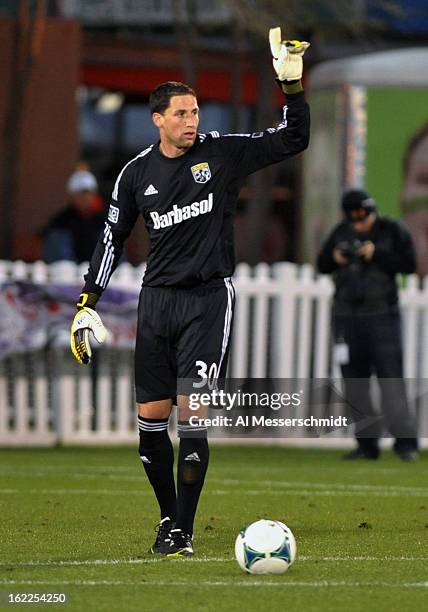 Goalie Andy Gruenebaum of the Columbus Crew sets to kick upfield against Orlando City February 16, 2013 in the third round of the Disney Pro Soccer...