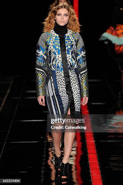 Model walks the runway at the Just Cavalli Autumn Winter 2013 fashion show during Milan Fashion Week on February 21, 2013 in Milan, Italy.