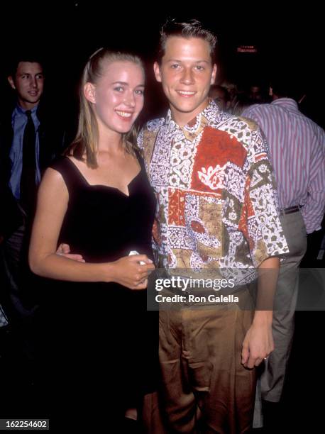 Actor Corin Nemec and actress Amy O'Neill attend the "Young Guns II" Hollywood Premiere on July 30, 1990 at Mann's Chinese Theatre in Hollywood,...