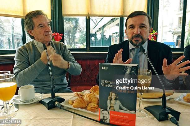 Spanish journalist Inaki Gabilondo interviews the writer Sergio Vila-Sanjuan , Nadal Prize 2013 for his novel 'Estaba en el aire', before a press...